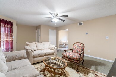 Carpeted living room with ceiling fan and a textur