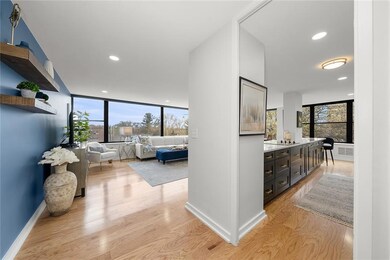 Kitchen is open to living room and views.