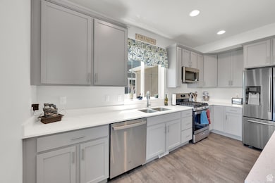 Kitchen featuring appliances with stainless steel finishes, gray cabinets, recessed lighting, and light wood-type flooring