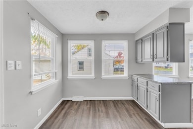 Unfurnished dining area featuring dark wood-style flooring and a textured ceiling