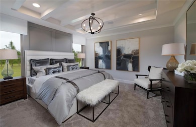 Bedroom with light carpet, a chandelier, beamed ceiling, and a raised ceiling
