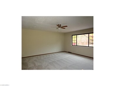 Living room with new carpeting and ceiling fan and