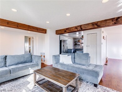 Living room featuring dark hardwood / wood-style flooring and beam ceiling