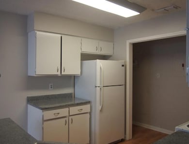 Kitchen featuring freestanding refrigerator, wood