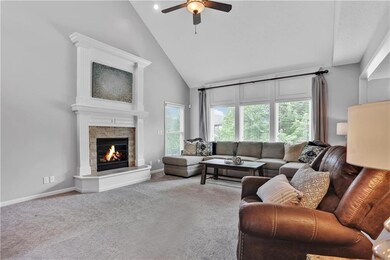 High ceilings  in great room and updated stone on 