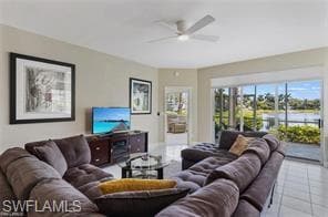 Tiled living room with ceiling fan