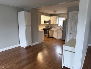 Dining Room with light countertops, stainless steel appliances, dark wood finished floors, white cabinets, and decorative backsplash