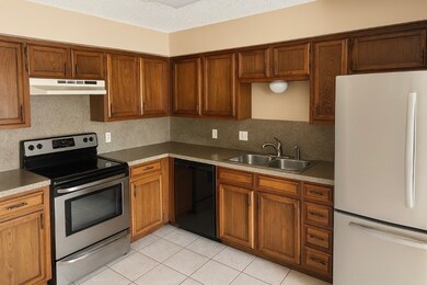 Kitchen with freestanding refrigerator, electric stove, light tile patterned floors, black dishwasher, and under cabinet range hood