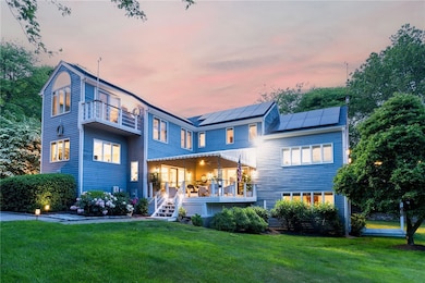 Twilight photo of covered deck