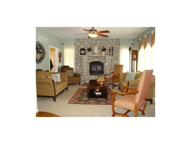 Formal living room, stone fireplace