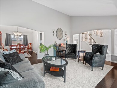 Living room featuring dark hardwood flooring with custom area rug insert and vaulted ceiling