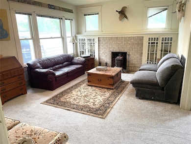 Living room with carpet flooring and a wood stove