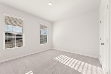 Spare room featuring baseboards, carpet flooring, and recessed lighting