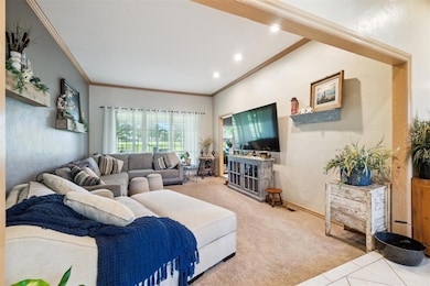 Carpeted living room with ornamental molding, recessed lighting, and tile patterned flooring