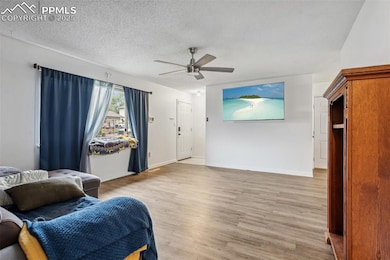Living area featuring ceiling fan, light wood-type flooring, baseboards, and a textured ceiling