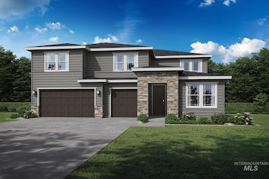 View of front facade featuring stone siding, an attached garage, driveway, and a front yard