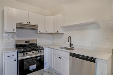 Kitchen with appliances with stainless steel finishes, white cabinets, under cabinet range hood, and tasteful backsplash