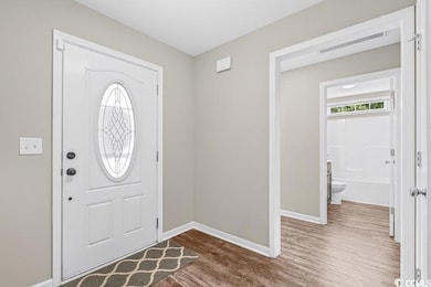 Foyer entrance with dark wood-style floors and baseboards