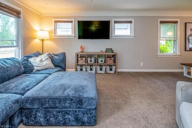 Carpeted living room with crown molding