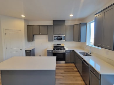 Kitchen featuring appliances with stainless steel finishes, gray cabinetry, a kitchen island, light wood finished floors, and recessed lighting