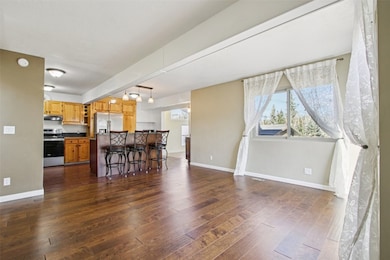 Living area with dark wood finished floors