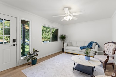 Living room with light wood-style flooring, ornamental molding, and a ceiling fan