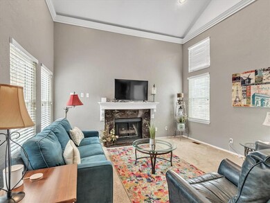 Carpeted living room featuring lofted ceiling, a p