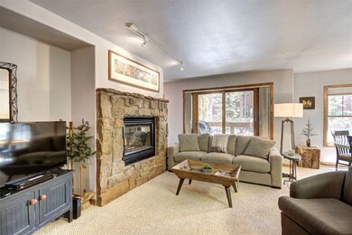 Living area with stone gas fireplace