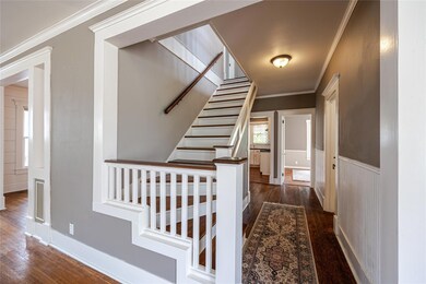 Stairway with crown molding and dark hardwood / wood-style floors