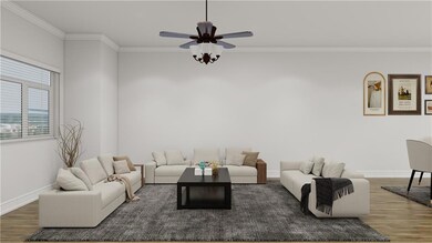 Living area with crown molding, wood finished floors, and a ceiling fan