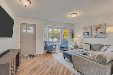 Living room featuring light wood-type flooring and a textured ceiling