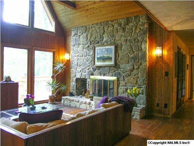 Stone wall with fireplace makes a grand statement in the family room.