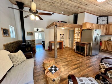 Living room featuring a wood stove, light wood fin