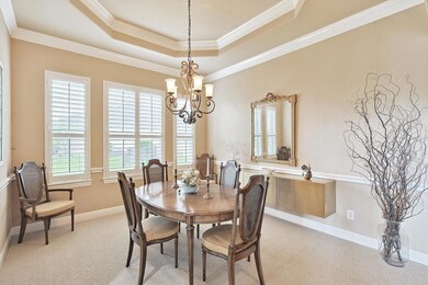 Carpeted dining space with a tray ceiling, an invi