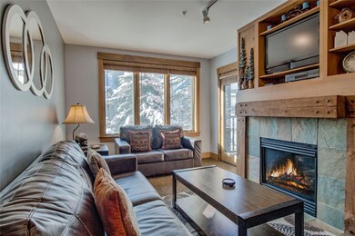 Living room featuring a gas fireplace and views of the slopes