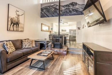 Living area with light wood-type flooring and a wood stove