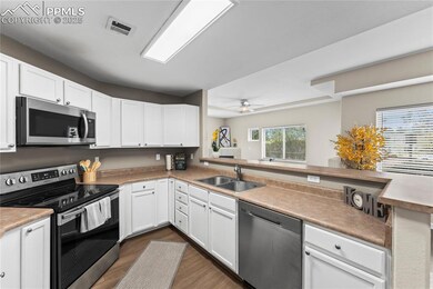 Kitchen featuring stainless steel appliances, ceiling fan, dark wood-style flooring, a sink, and visible vents