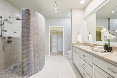 Full bathroom with vanity, toilet, walk in shower