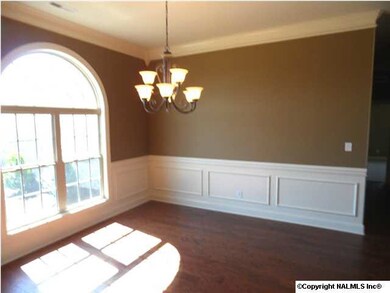 Dining room has 10 foot ceilings, shadow box trim, wood flooring and is open to the family room.