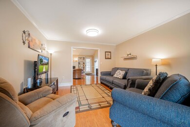 Living room with crown molding and light hardwood 