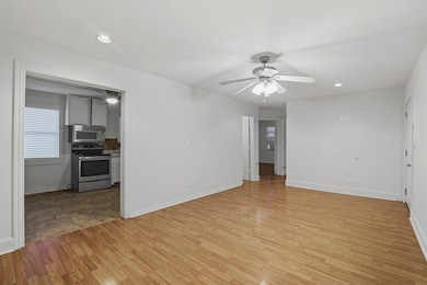 Unfurnished living room with recessed lighting, light wood-style floors, and ceiling fan
