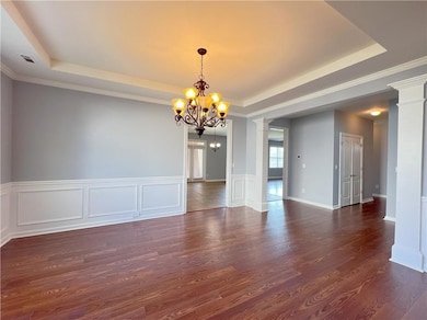Spare room with a tray ceiling, dark wood-style fl