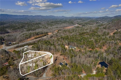 Aerial view of property's location with a mountainous background and property parcel outlined