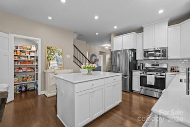 Gorgeous Kitchen has walk-in pantry with custom shelving and recessed lighting.