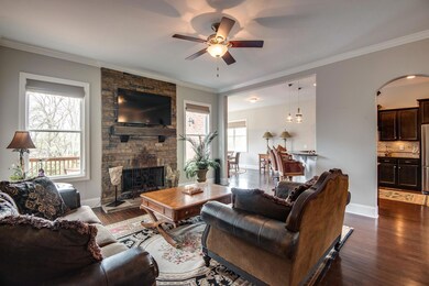Beautiful stone gas fireplace.