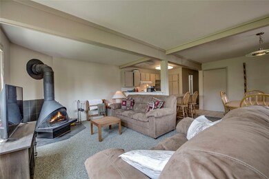 Carpeted living area featuring a wood stove and be
