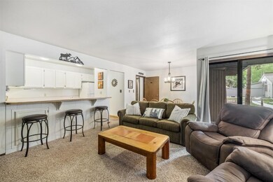 Living room featuring light carpet and a chandelie