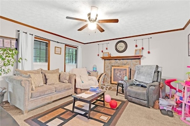 Living room featuring a ceiling fan, a textured ceiling, ornamental molding, carpet, and a fireplace