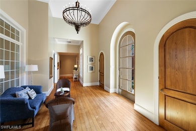 Foyer entrance featuring high vaulted ceiling, lig