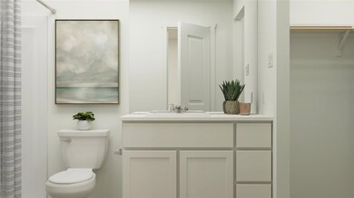 Bathroom with a shower with shower curtain, vanity